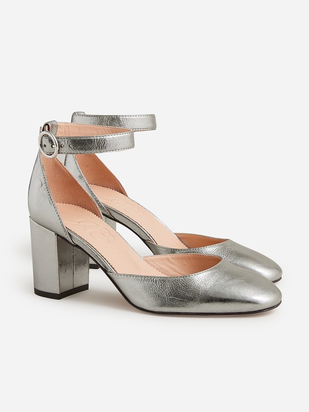 J. Crew | Maisie Ankle Strap Heels in Silver Crinkle Metallic